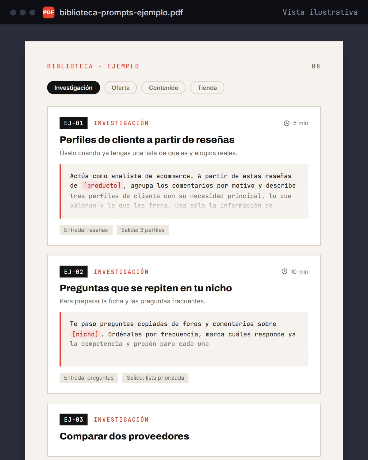 Fragmento ilustrativo de la biblioteca de prompts, con fichas de ejemplo