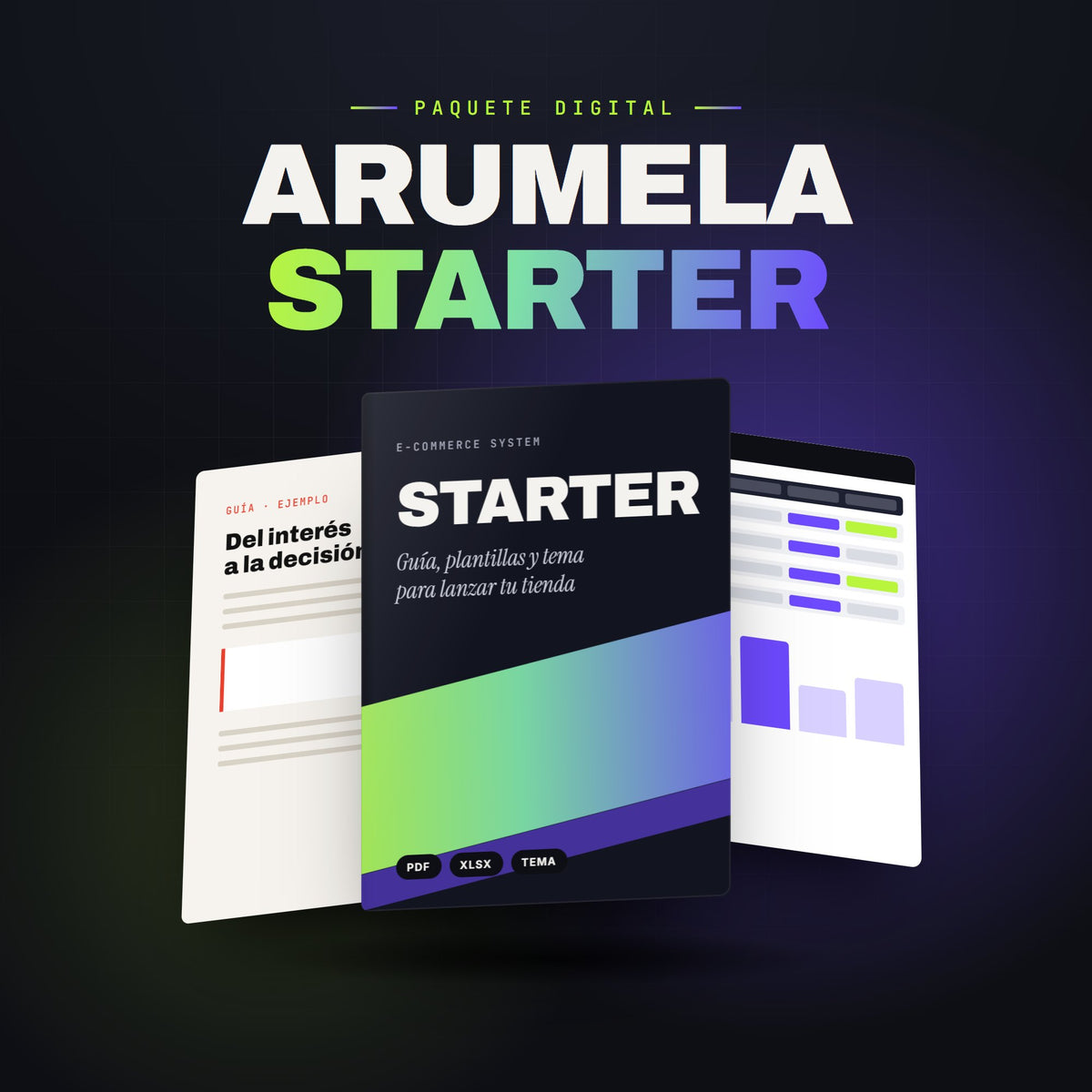 ARUMELA STARTER: paquete digital con guía en PDF, plantillas XLSX y tema de Shopify (vista de ejemplo)