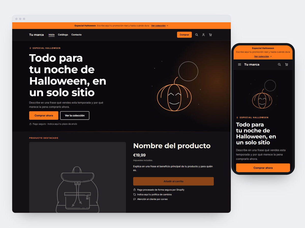 Vista de ejemplo del tema D2 Halloween incluido en STARTER, en escritorio y móvil