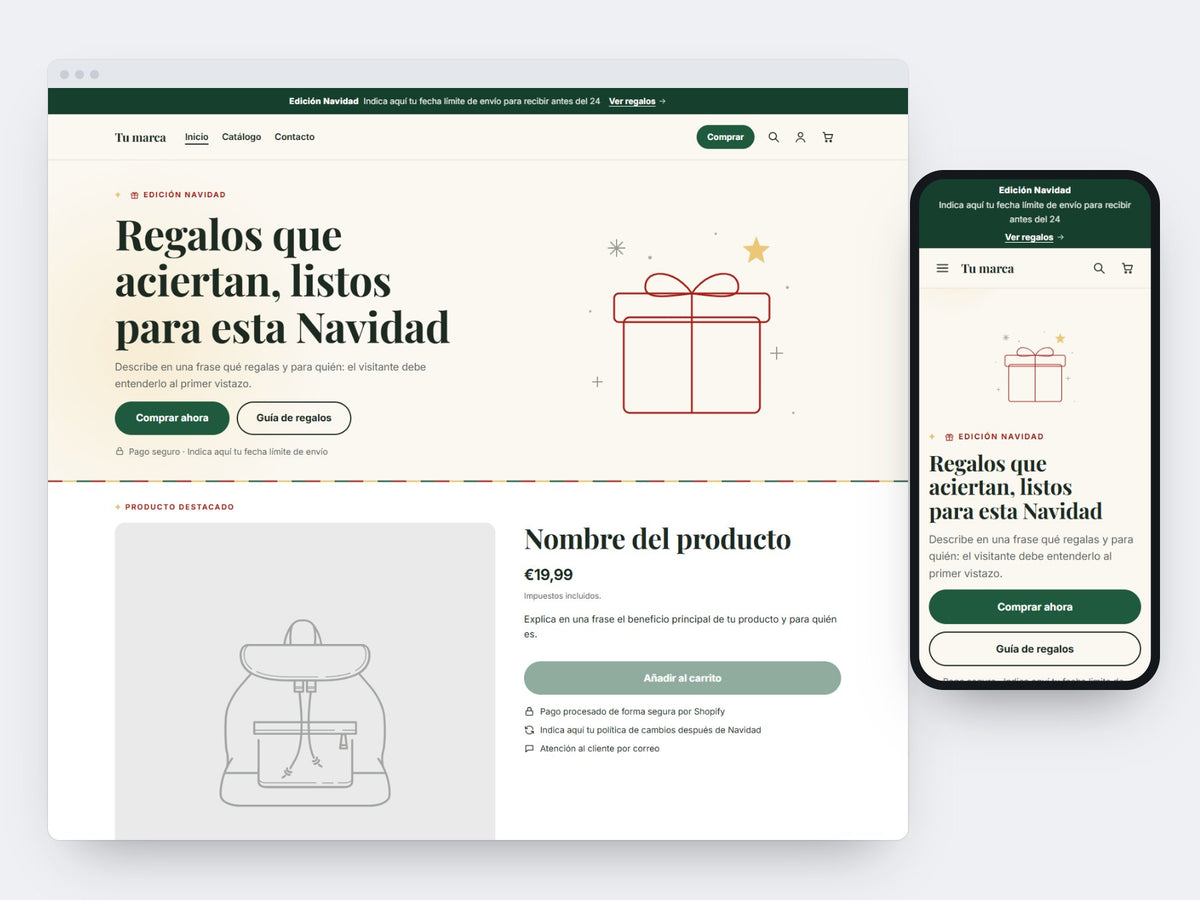 Vista de ejemplo del tema D3 Navidad incluido en STARTER, en escritorio y móvil