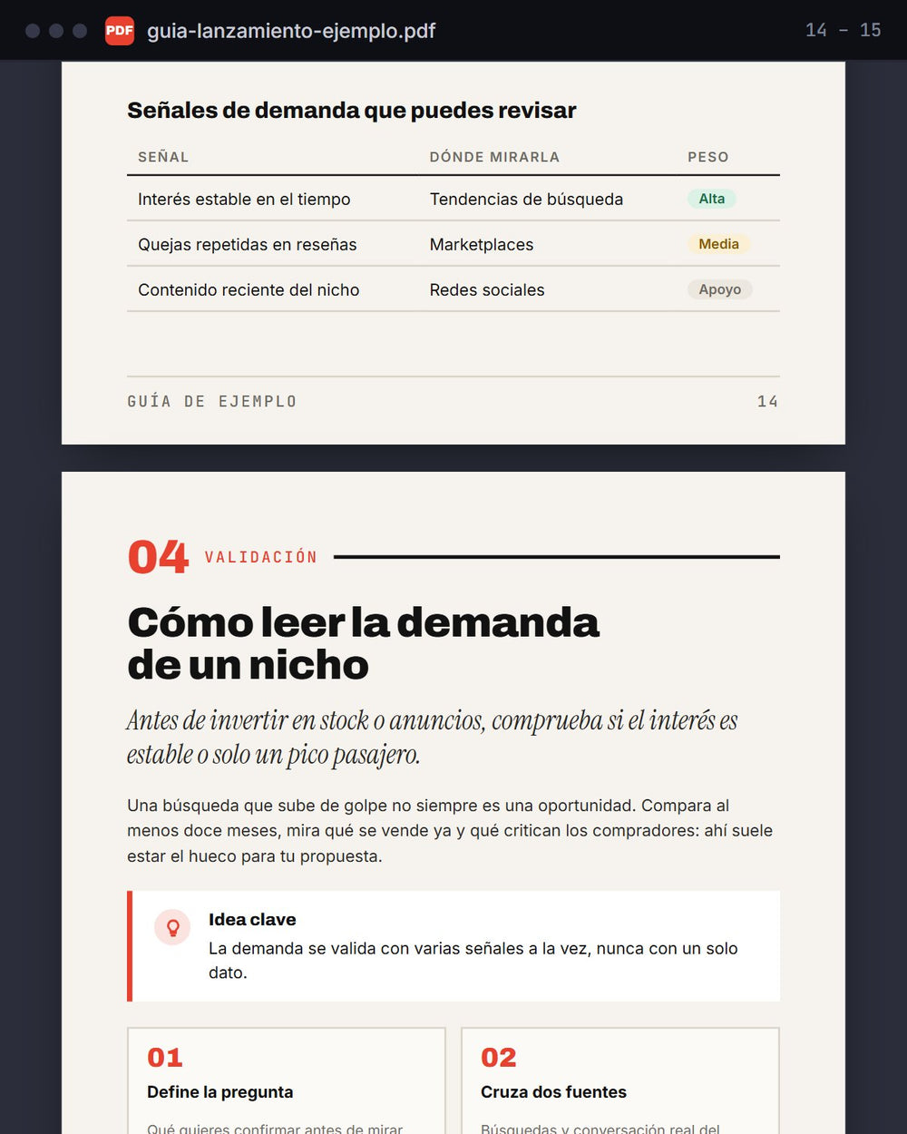 Vista parcial ilustrativa de una guía en PDF con contenido de ejemplo