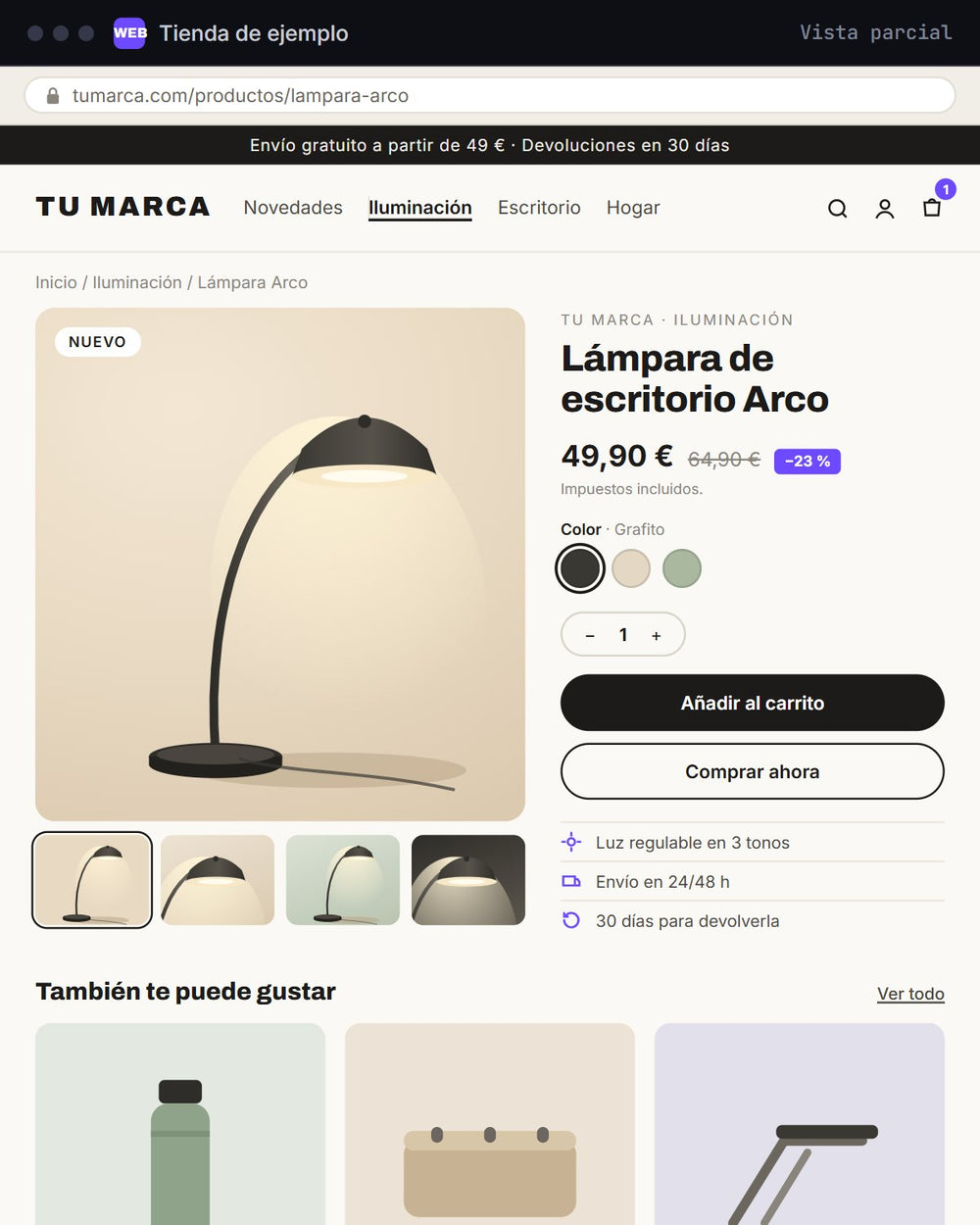 Vista parcial de una tienda de ejemplo creada con un tema de Shopify